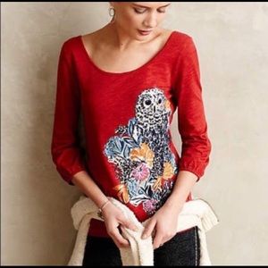 Anthro Postmark Owl Long Sleeved Top Red XS